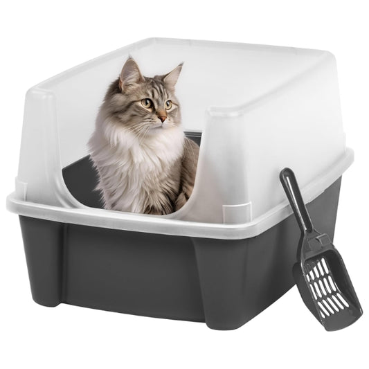 Iris Ohyama CLH-12 Cat Litter Tray with Scoop, up to 7 kg, Grey, Open, without Lid, High Removable Edge