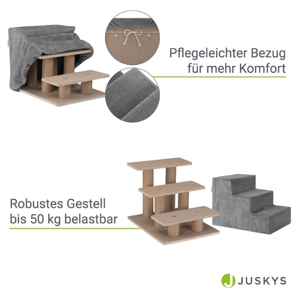 Juskys Pet Stairs, Dog Stairs, 36 cm, 3 Steps, Plush Covered