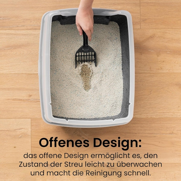 Iris Ohyama CLH-12 Cat Litter Tray with Scoop, up to 7 kg, Grey, Open, without Lid, High Removable Edge